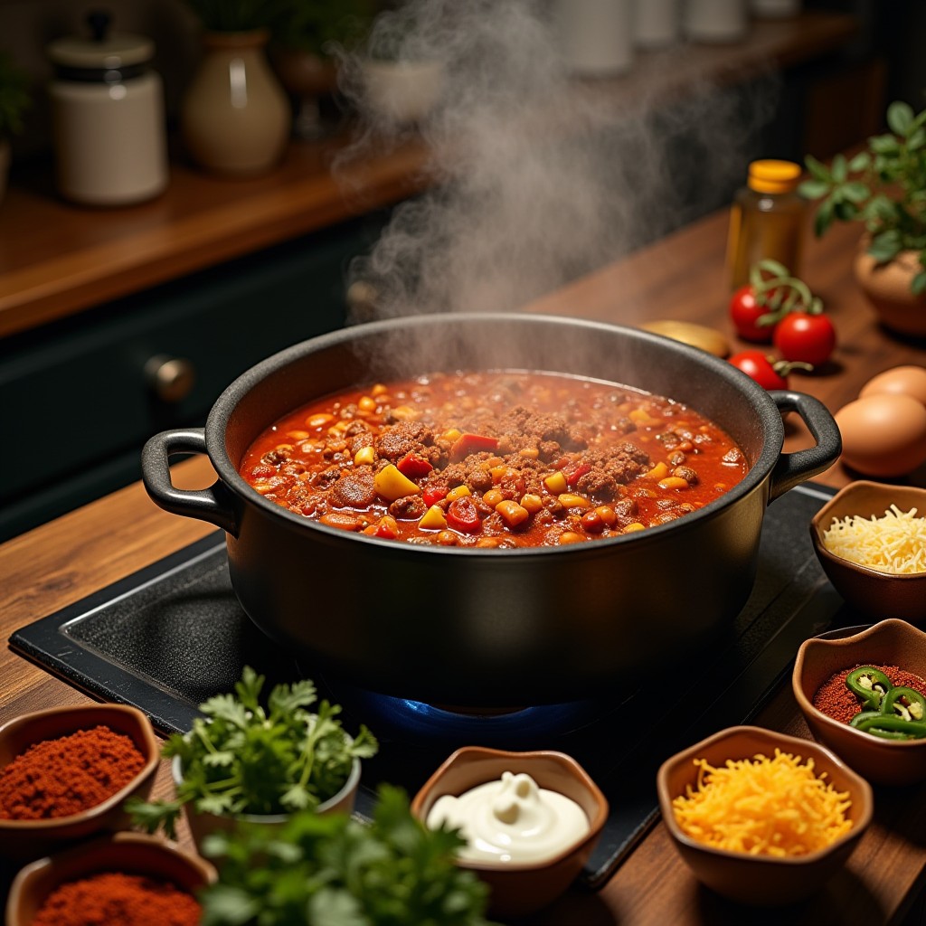 A cozy kitchen scene featuring a pot of rich, hearty chili with meat, beans, bell peppers, and tomatoes. The counter is surrounded by chili spices, fresh herbs, and toppings like shredded cheese, sour cream, jalapeños, and green onions, perfect for a comforting homemade meal.