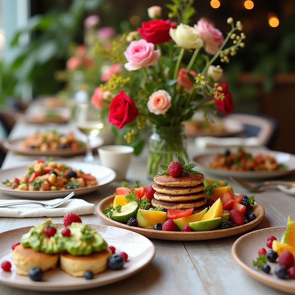 Festive vegan brunch table with avocado toast, vegan pancakes, fruit salad, and floral centerpiece, set in a bright and elegant atmosphere.