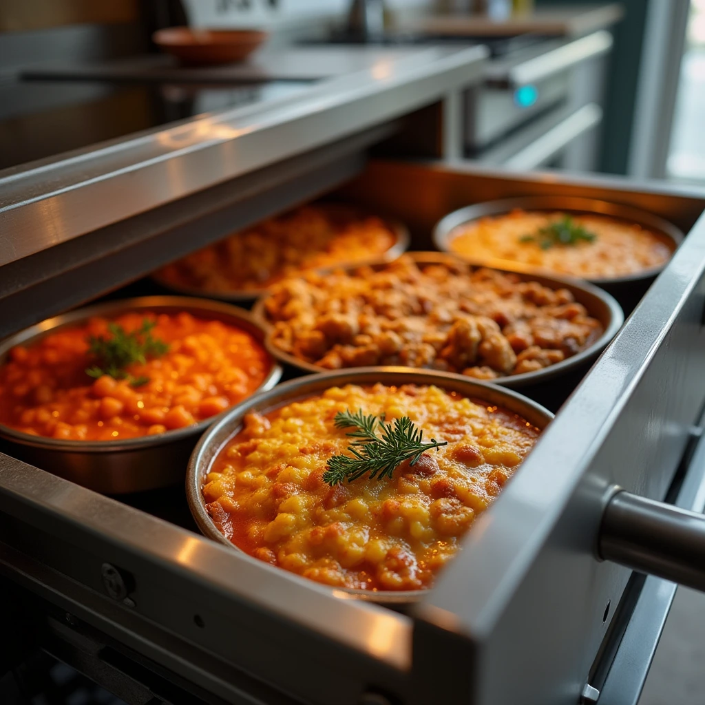 Close-up of a warming drawer in a kitchen with vegan casseroles and stews kept warm, featuring a visible temperature control to maintain heat.