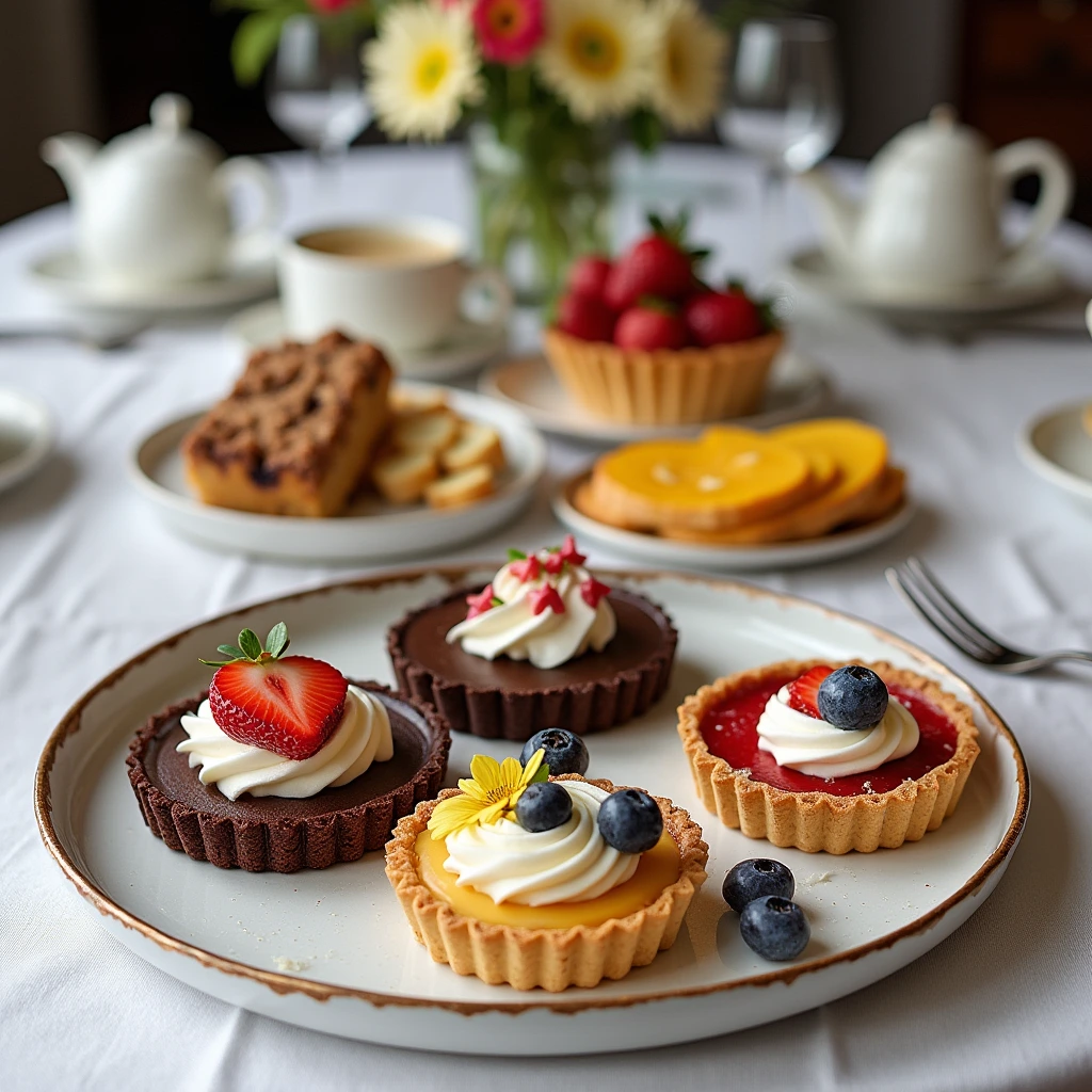 Vegan brunch table beautifully arranged with a variety of desserts including fruit tarts, brownies, and chocolate mousse on elegant tableware