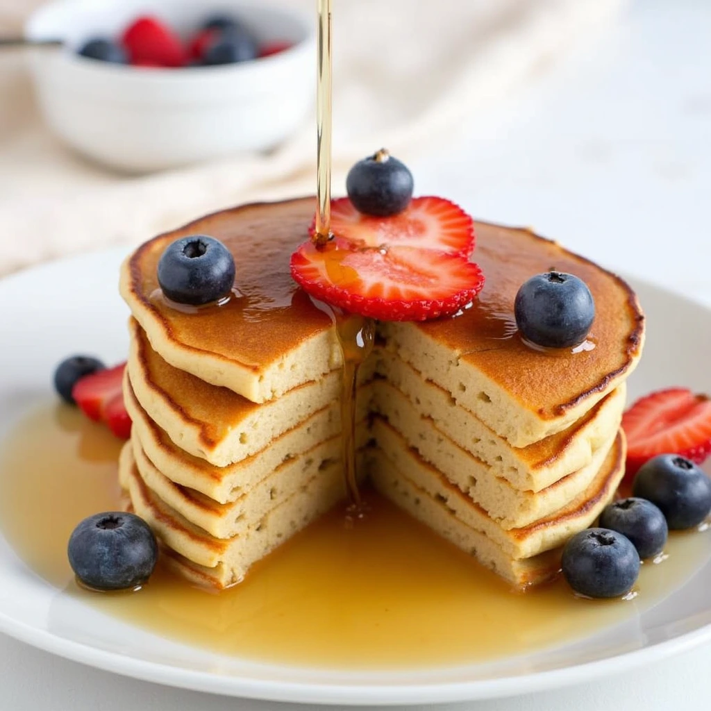 Fluffy vegan pancakes served with maple syrup and fresh berries on a plate, perfect for a delicious brunch