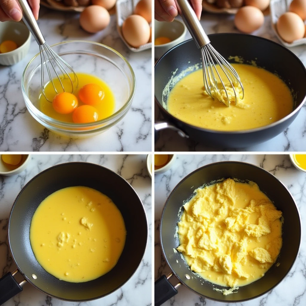 Step-by-step process of making scrambled eggs: cracking eggs, whisking, and cooking in a pan with butter in a cozy kitchen.