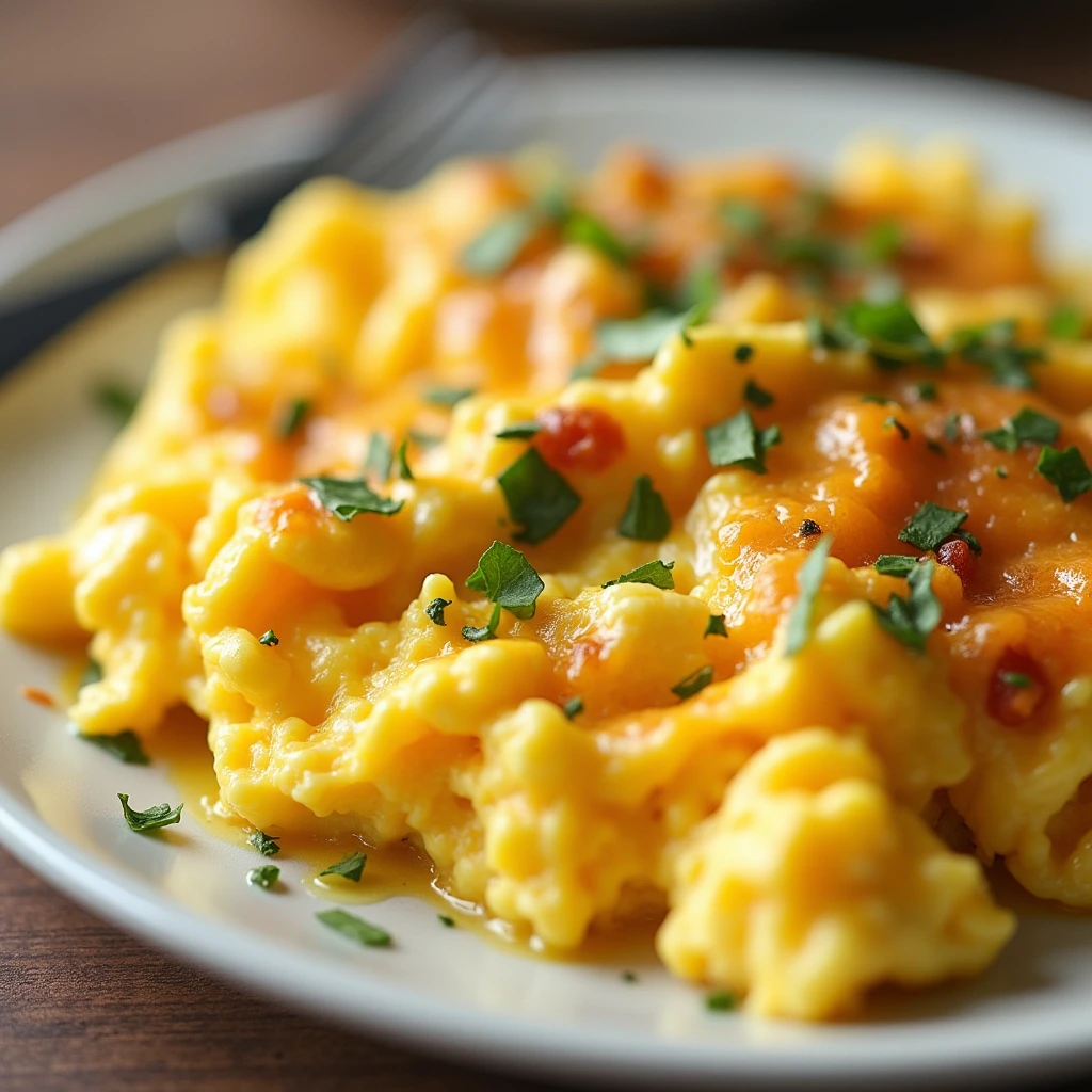 Close-up of creamy scrambled eggs on a plate topped with melted cheese and fresh herbs, with a fork on the side