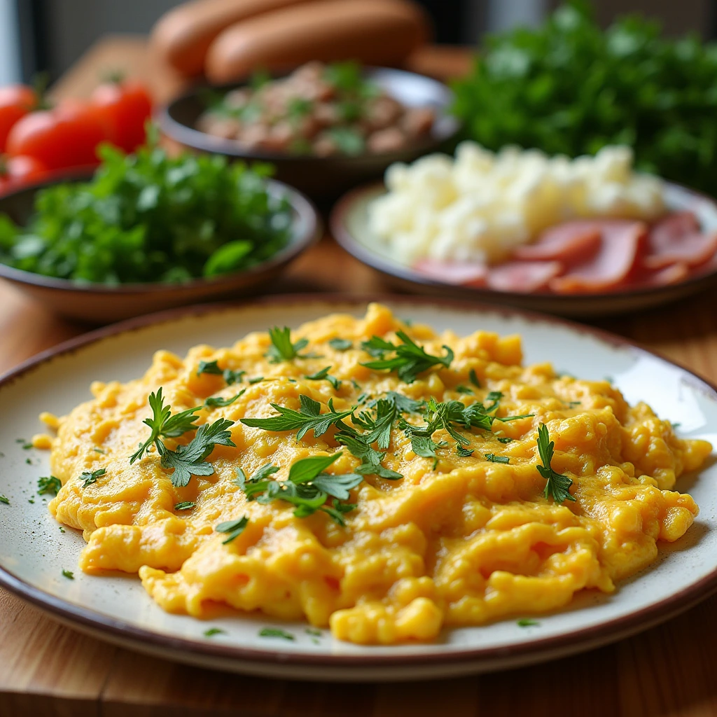 A variety of ingredients for scrambled eggs including fresh herbs, cheese, vegetables, bacon, and sausage arranged on a wooden kitchen counter.