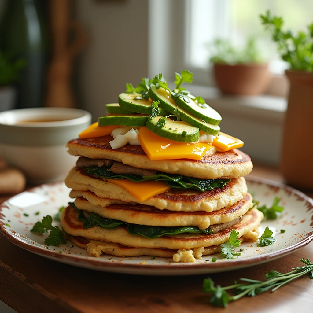 A stack of savory pancakes topped with scrambled eggs, cheddar cheese, crispy bacon, avocado, sautéed spinach with goat cheese, and roasted mushrooms, served in a cozy kitchen setting with fresh herbs, a cup of coffee, and soft morning light.