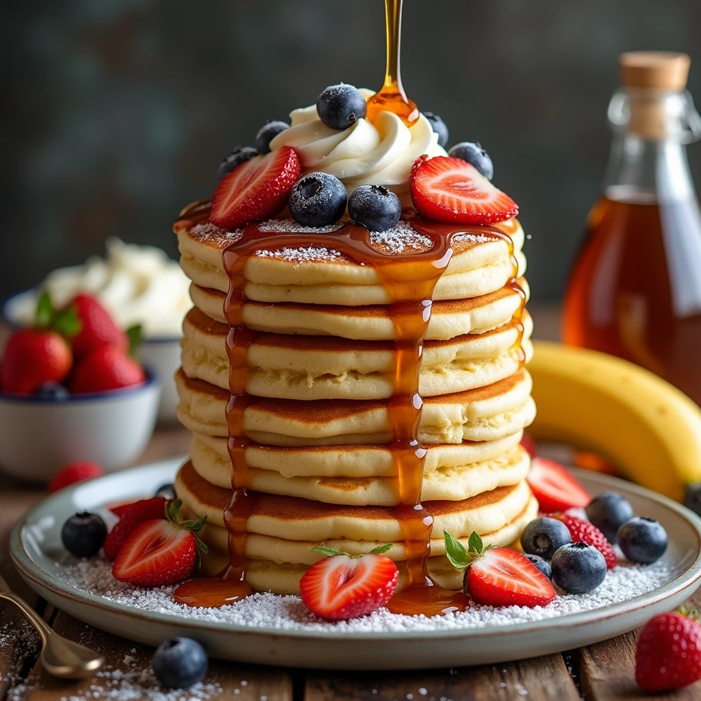 A stack of fluffy pancakes topped with maple syrup, powdered sugar, whipped cream, and vibrant fresh fruits like strawberries, blueberries, and bananas. Rich chocolate ganache and caramel sauce drizzle over the stack, creating a colorful and inviting breakfast scene.