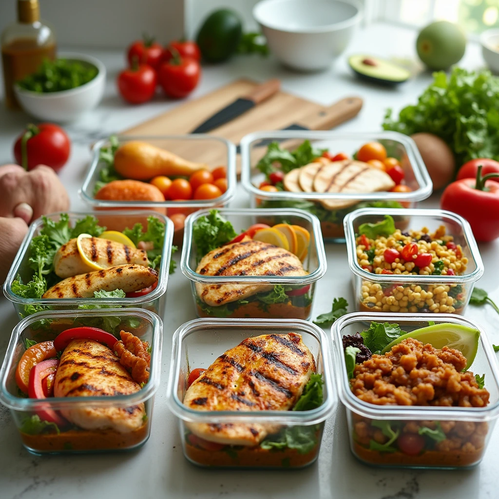 A well-organized kitchen with various healthy chicken breast-based meal prep dishes, including grilled chicken salad, burrito bowls, and stir-fries, surrounded by fresh vegetables, spices, and kitchen tools like a meat thermometer and sharp knife.