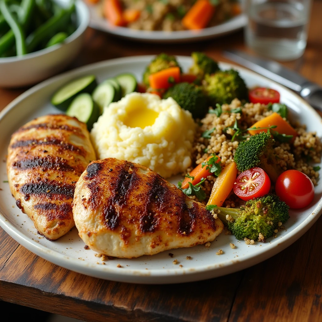 A beautifully plated meal with grilled chicken breasts accompanied by creamy mashed potatoes, vibrant quinoa salad with fresh vegetables, roasted vegetables, garlic Parmesan broccoli, and steamed green beans with lemon juice, set on a rustic dining table.