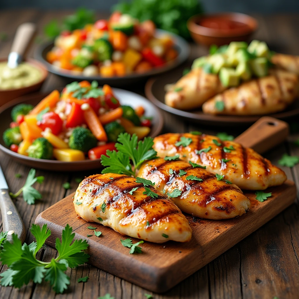 A variety of delicious chicken breast dishes arranged on a rustic wooden table, including grilled lemon herb chicken, chicken stir-fry with vegetables, baked garlic Parmesan chicken, and grilled chicken with avocado salsa, surrounded by bowls of marinades and sauces