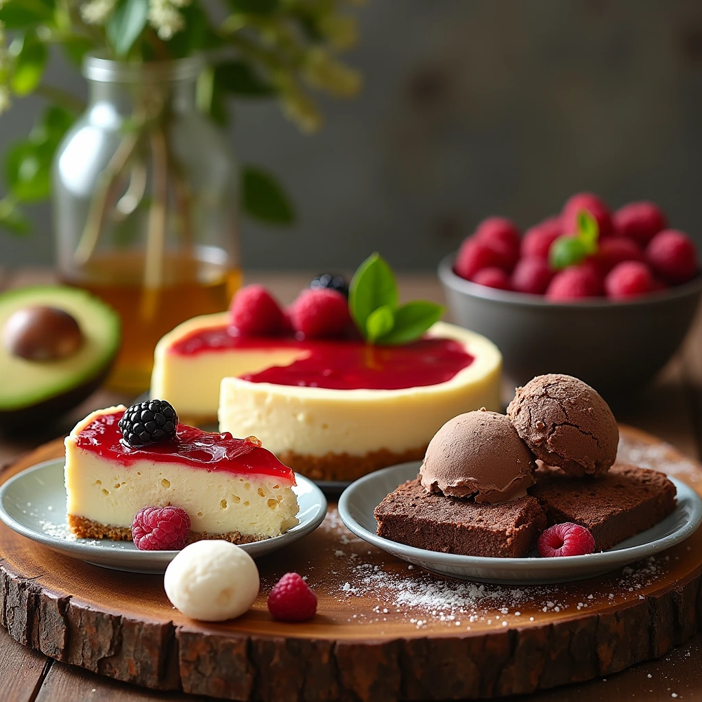 A variety of delicious keto desserts displayed on a wooden table, including a rich cheesecake with berries, gooey brownies, and a chocolate mousse cup, all made with low-carb ingredients. The desserts are arranged to showcase their appealing textures and vibrant colors.