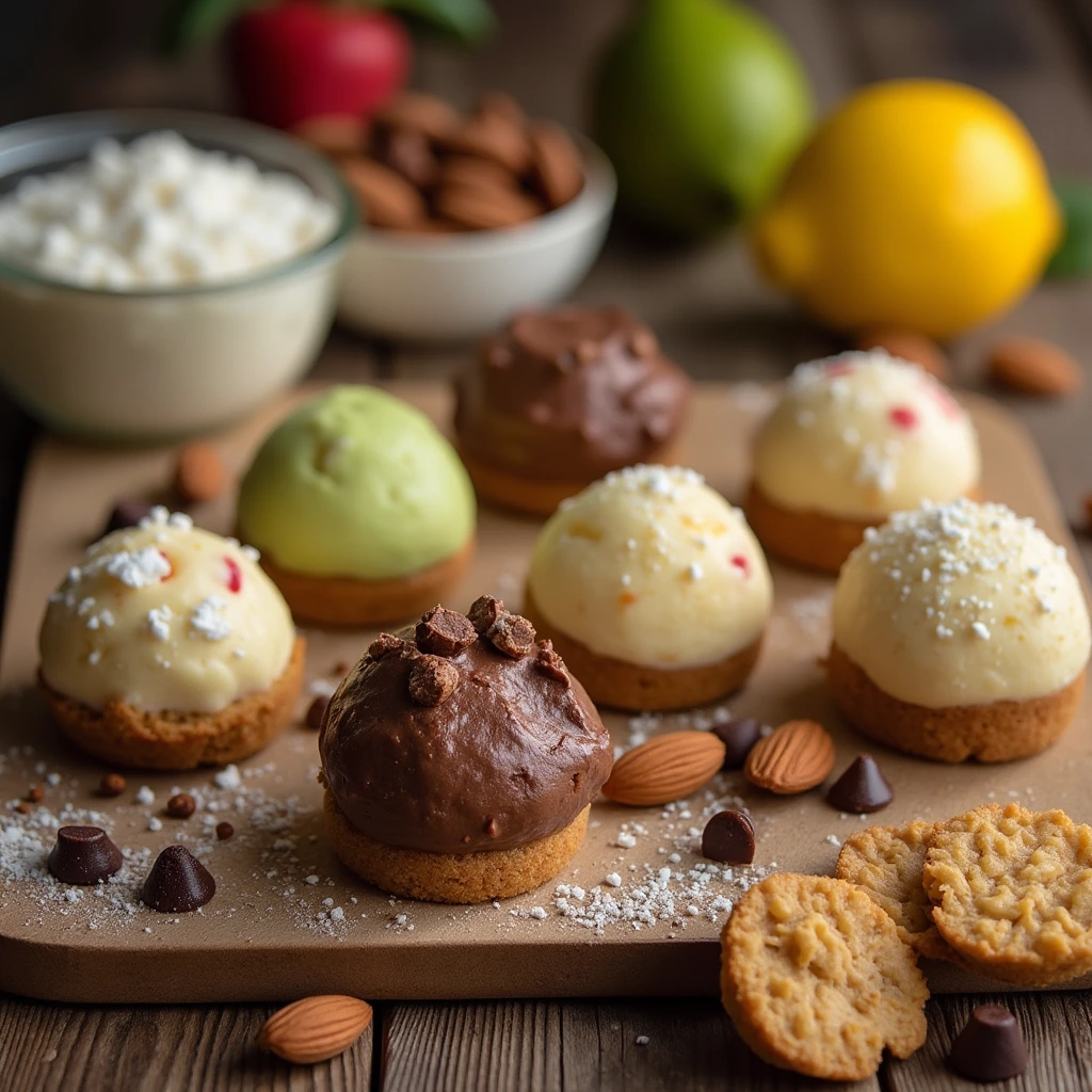 An assortment of keto-friendly desserts on a rustic wooden table, including chocolate avocado mousse, keto cheesecake bites, lemon bars, peanut butter cup fat bombs, and keto chocolate chip cookies, surrounded by low-carb ingredients like almond flour, coconut oil, and erythritol