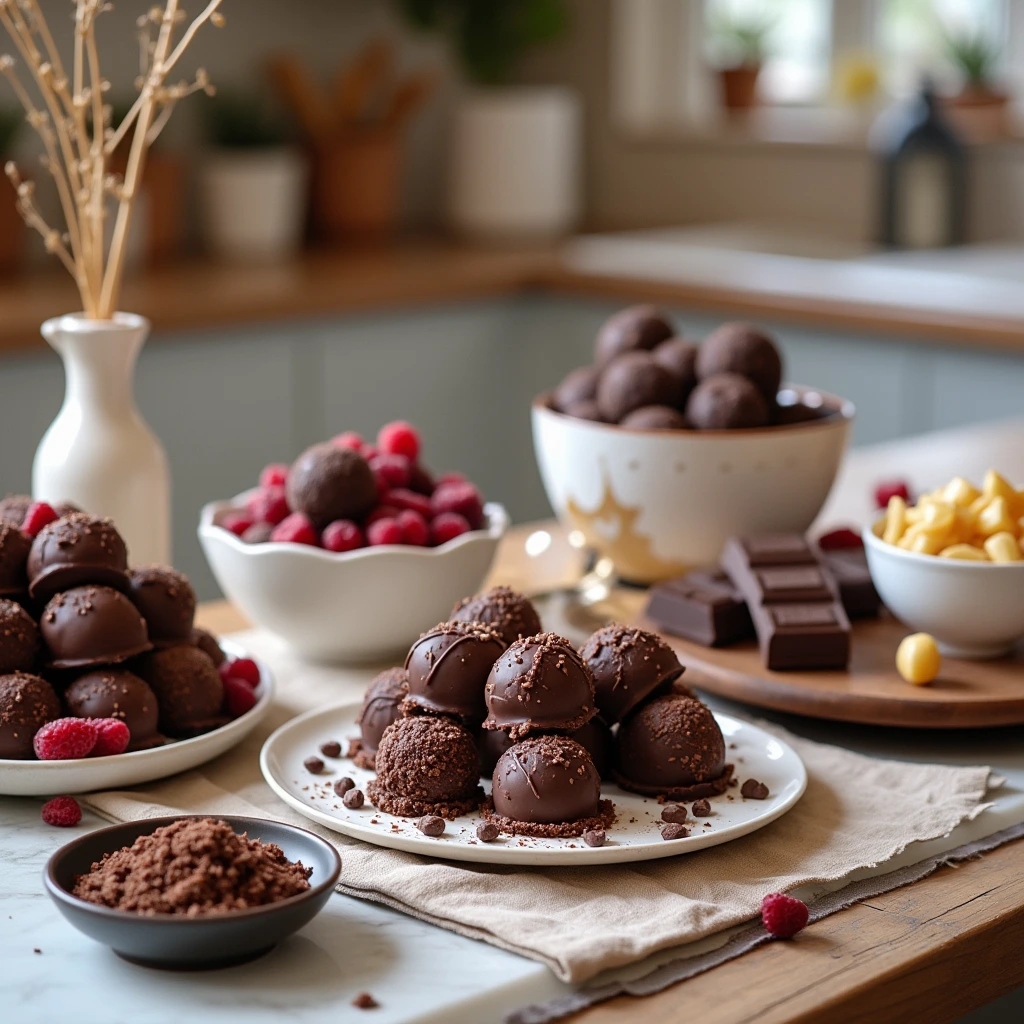 Assortment of keto-friendly desserts, including dark chocolate truffles, low-carb chocolate bars, and sweeteners like stevia and monk fruit, set in a warm, cozy kitchen environment