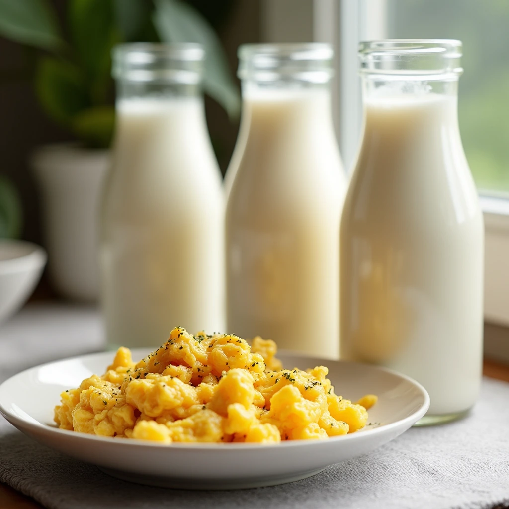 Assortment of almond milk, oat milk, and soy milk next to scrambled eggs on a breakfast table with natural light.