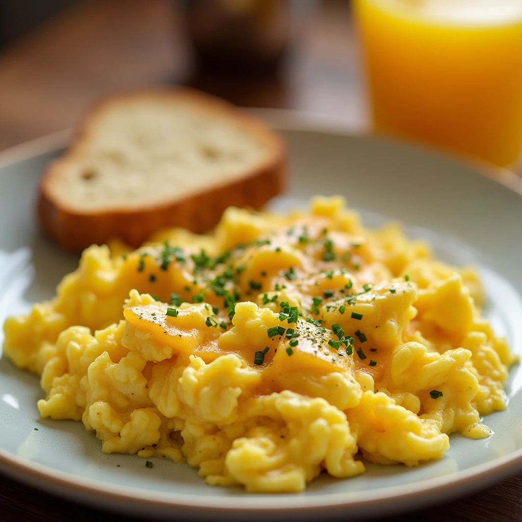 Close-up of creamy scrambled eggs with melted cheese and fresh chives, served on a plate with a glass of orange juice in a cozy breakfast setting.