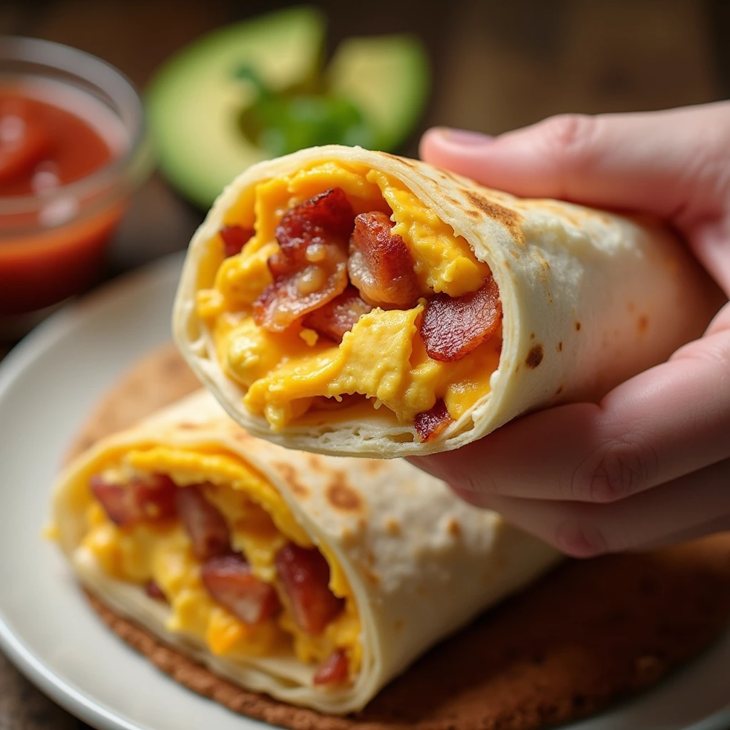 Classic breakfast burrito with scrambled eggs, bacon, shredded cheese, salsa, and avocado, served with a side of salsa.