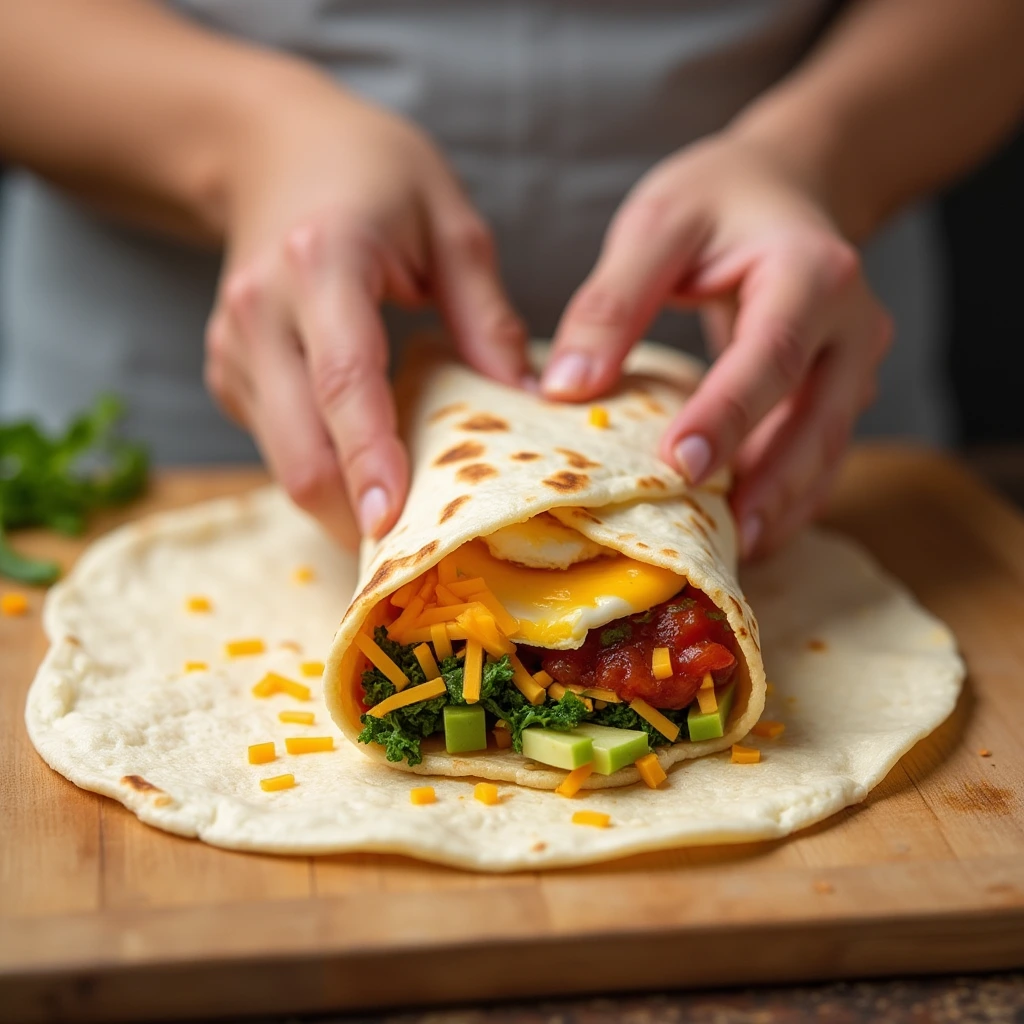 A person assembling a breakfast burrito with scrambled eggs, cheese, vegetables, and salsa on a cutting board