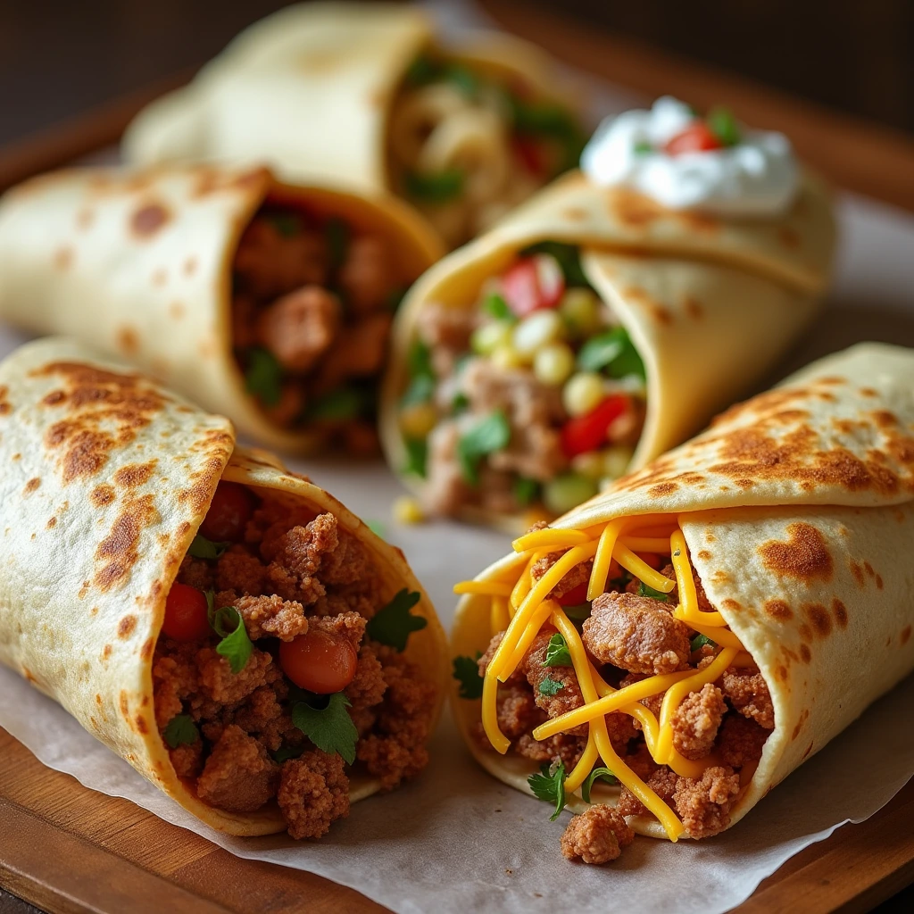 A selection of burritos with carne asada, chicken, and vegetarian fillings, topped with cheese, sour cream, and salsa on a wooden table