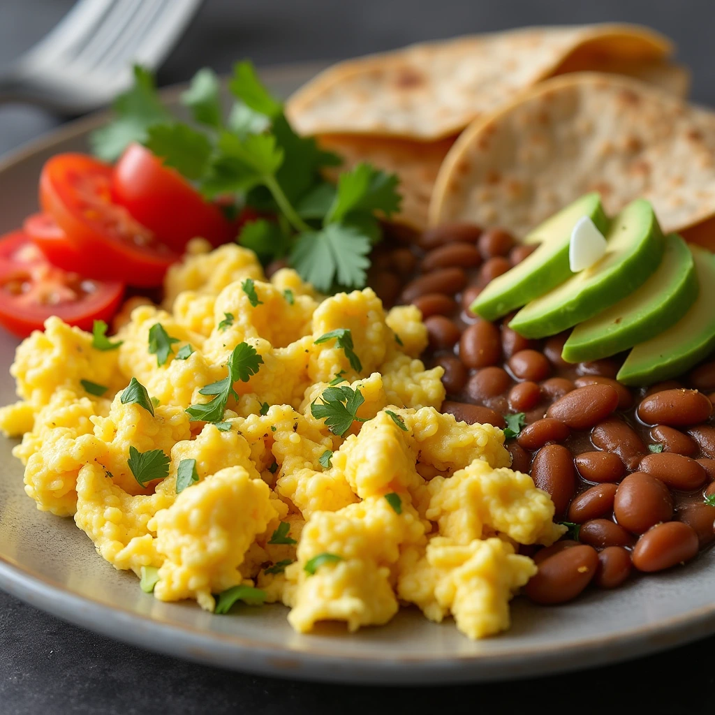 A close-up of a plate with scrambled eggs and refried beans, served with tortillas and garnished with cilantro, fresh tomatoes, and avocado slices.