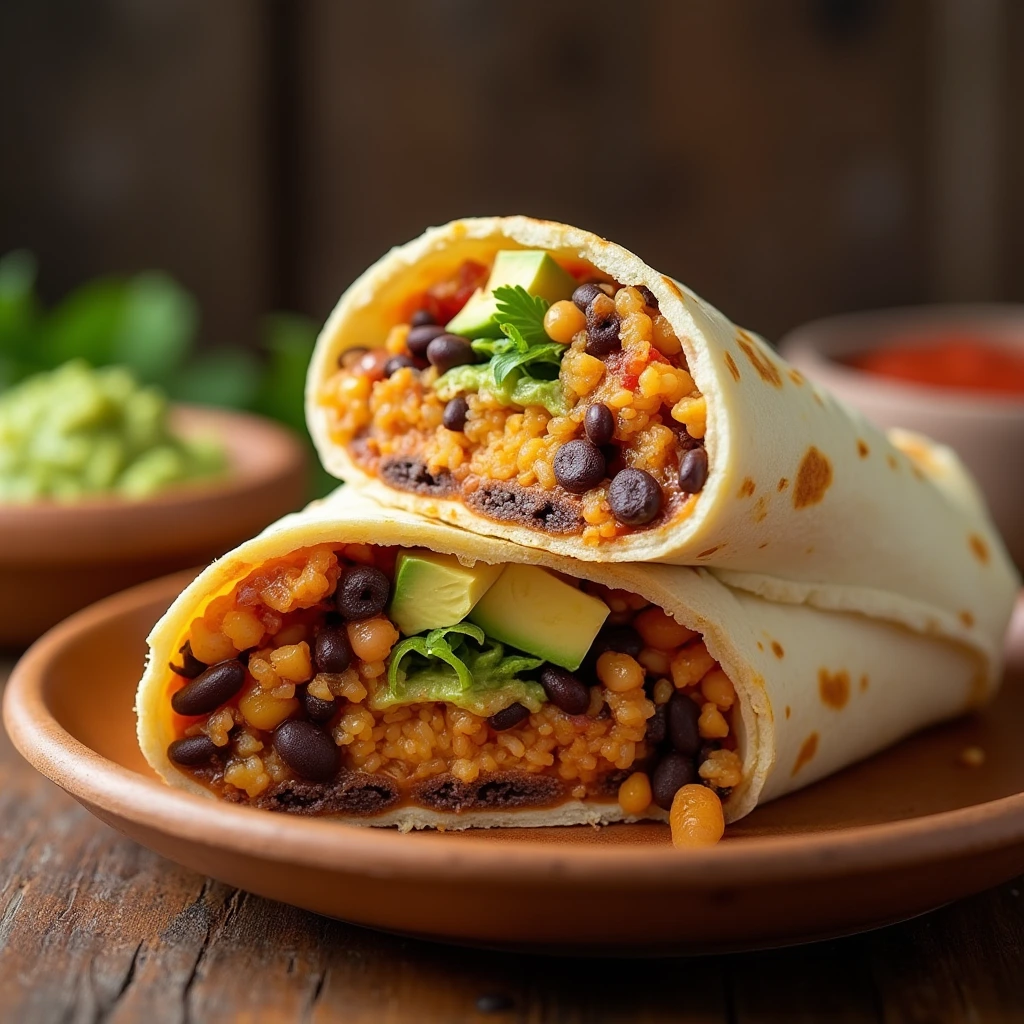 Freshly prepared burrito cut in half, showcasing vibrant fillings like carne asada, beans, rice, and avocado, with a side of salsa and guacamole