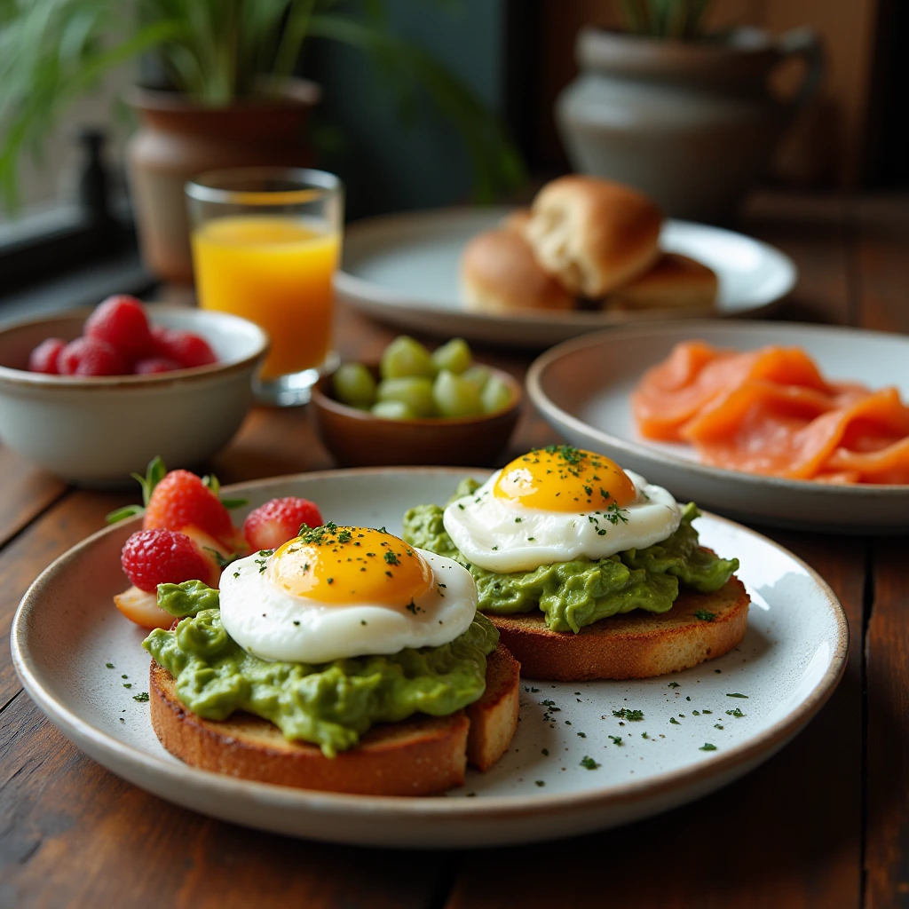 Rustic brunch table with Eggs Benedict, avocado toast, smoked salmon, and fresh fruit served on elegant dishes