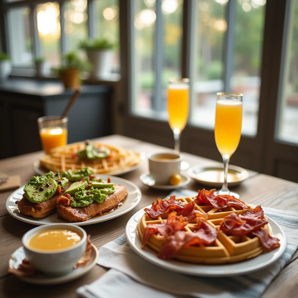 Cozy brunch setting with waffles, bacon, avocado toast, and mimosas in a stylish kitchen.