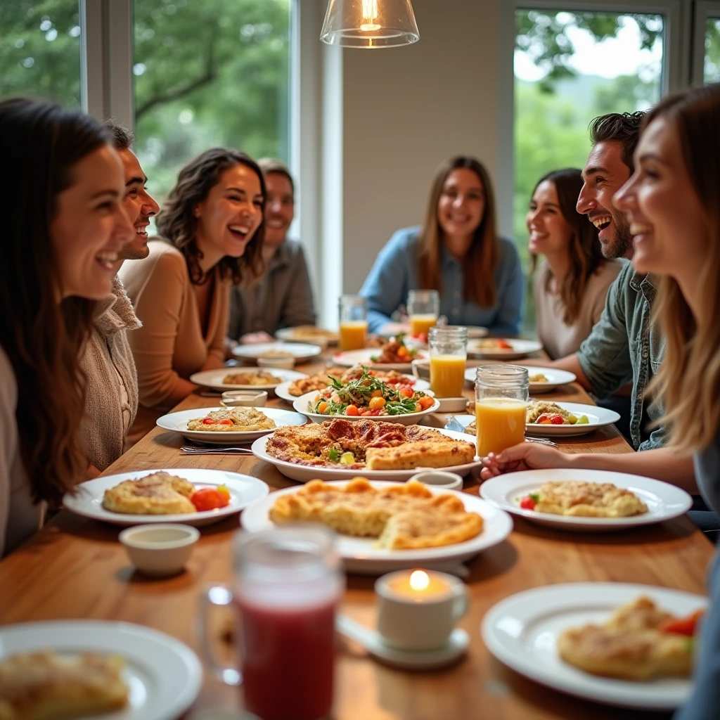 A group of friends enjoying a brunch potluck, with various dishes like fruit salad, muffins, and casseroles on the table.