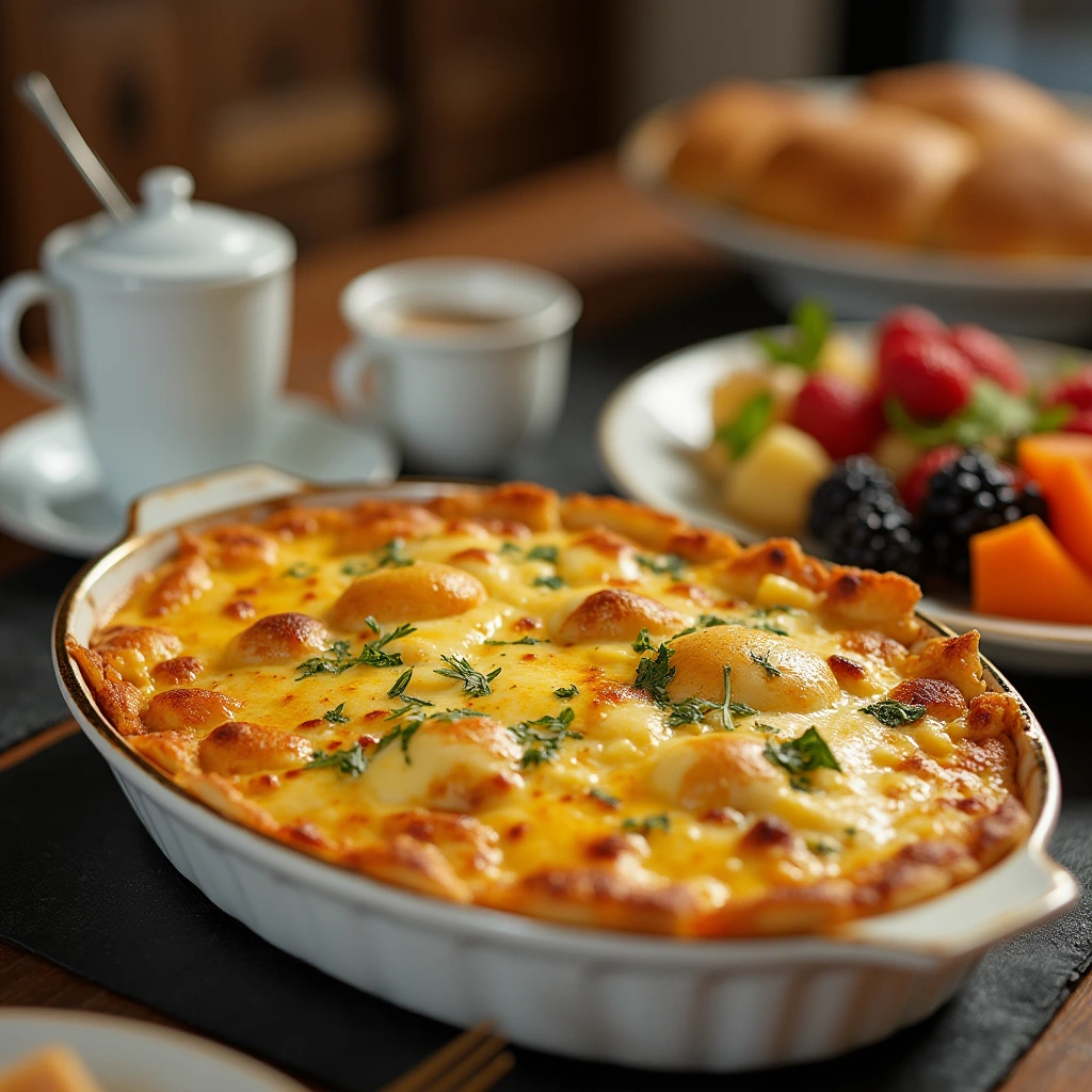 Close-up of a creamy egg casserole served at a brunch buffet, with coffee and a fruit platter in the background, showcasing savory dishes.