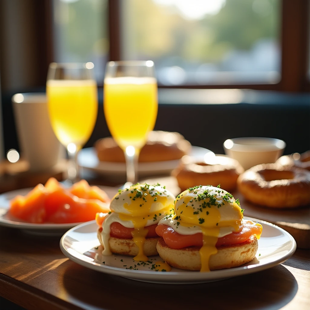 Brunch spread featuring mimosas, eggs benedict, smoked salmon bagels, and fresh pastries on a table with sunlight streaming through the window.