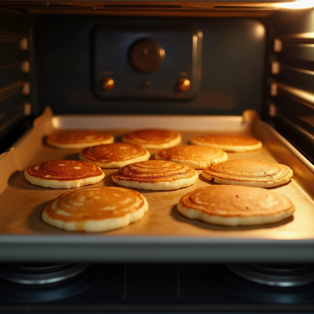 Pancakes being reheated in the oven on a baking sheet with parchment paper, close-up of someone checking them for warmth in a modern kitchen.