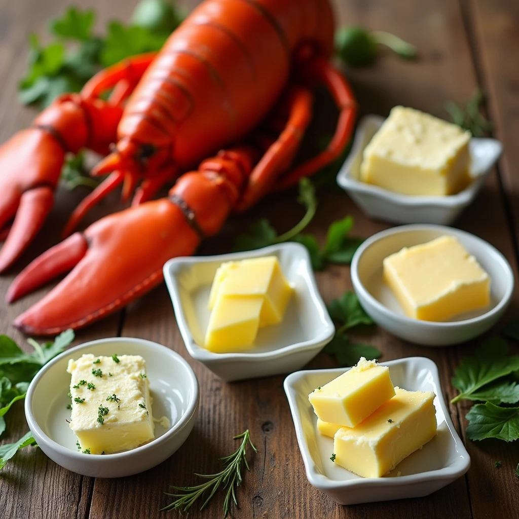 A selection of garlic butter, lemon herb butter, and clarified butter served in small dishes next to lobster on a wooden table, garnished with fresh herbs.