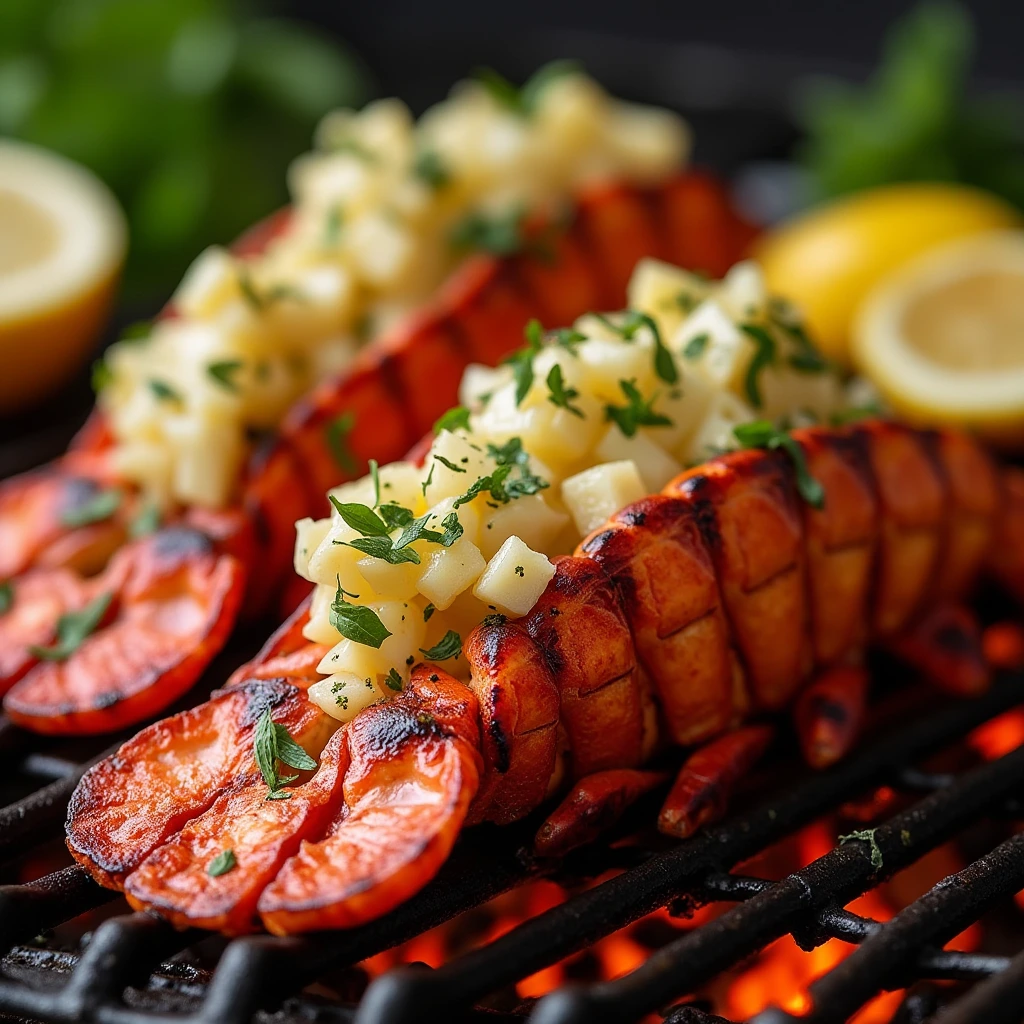 Grilled lobster tails with a crispy golden-brown exterior, brushed with garlic butter and garnished with fresh herbs and lemon wedges on the grill.