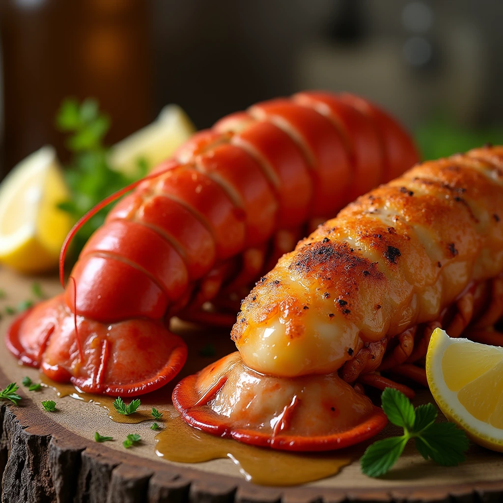 Two lobster tails on a wooden surface, one boiled with bright red shells and the other baked with a golden-brown crispy top, surrounded by lemon wedges, melted butter, and fresh herbs.