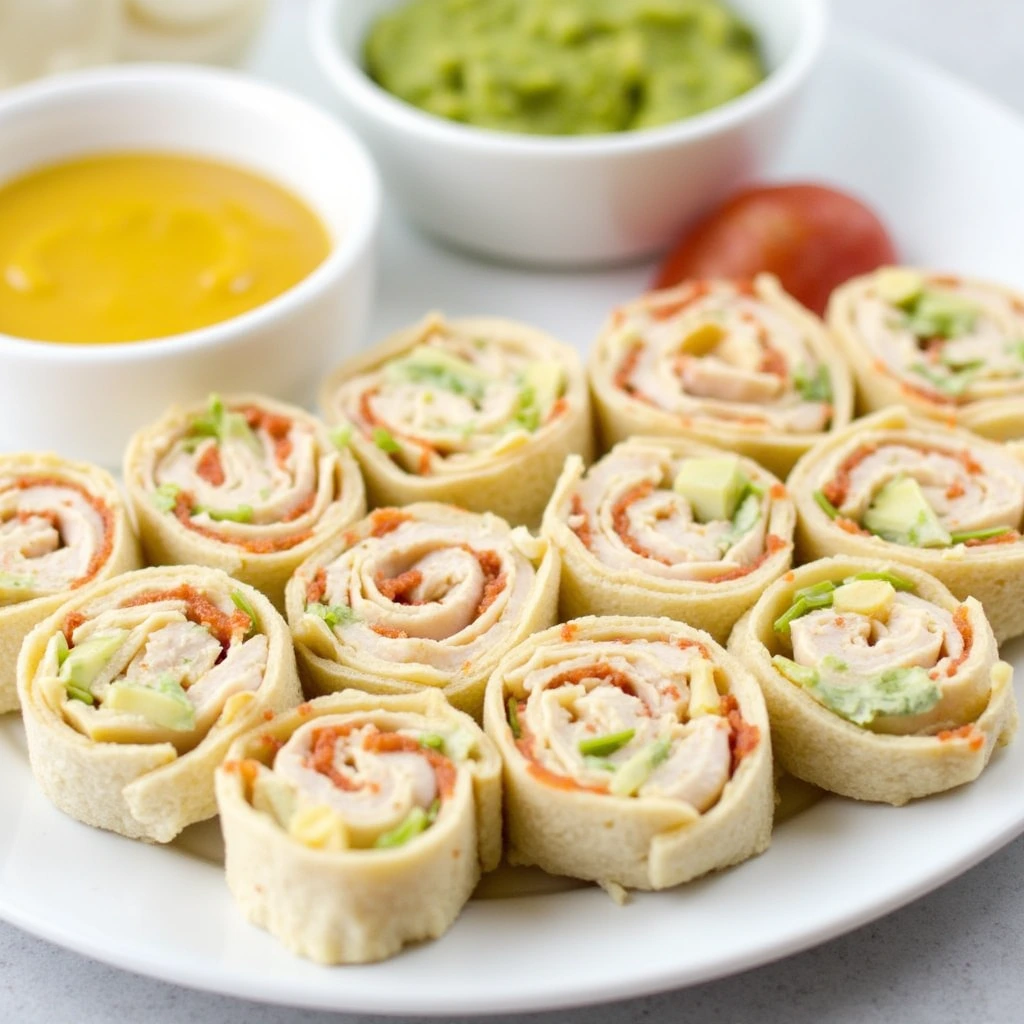 A plate of neatly arranged Turkey & Cheese Roll-Ups with dipping sauces like mustard and guacamole, perfect for a healthy snack or appetizer.