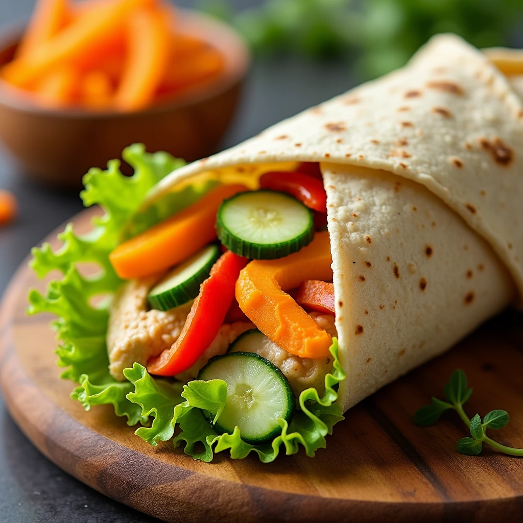 A close-up of a freshly made veggie and hummus wrap on a wooden board, filled with vibrant lettuce, carrots, cucumber, and bell peppers, with hummus spread visibly.