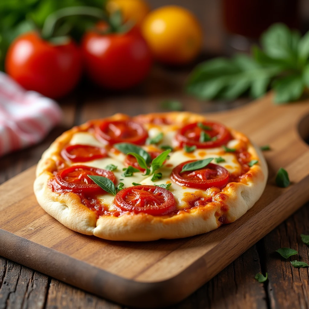 Close-up of a mini pita pizza with melted cheese, tomato sauce, and pepperoni on a wooden cutting board with fresh ingredients in the background.