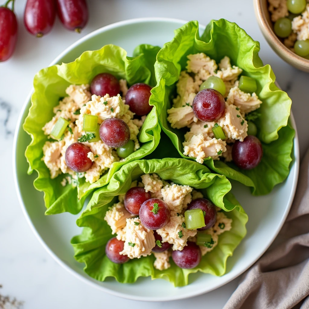 An overhead view of a plate with chicken salad lettuce wraps containing shredded chicken, celery, and grapes, wrapped in fresh, crisp lettuce for a healthy and vibrant lunch