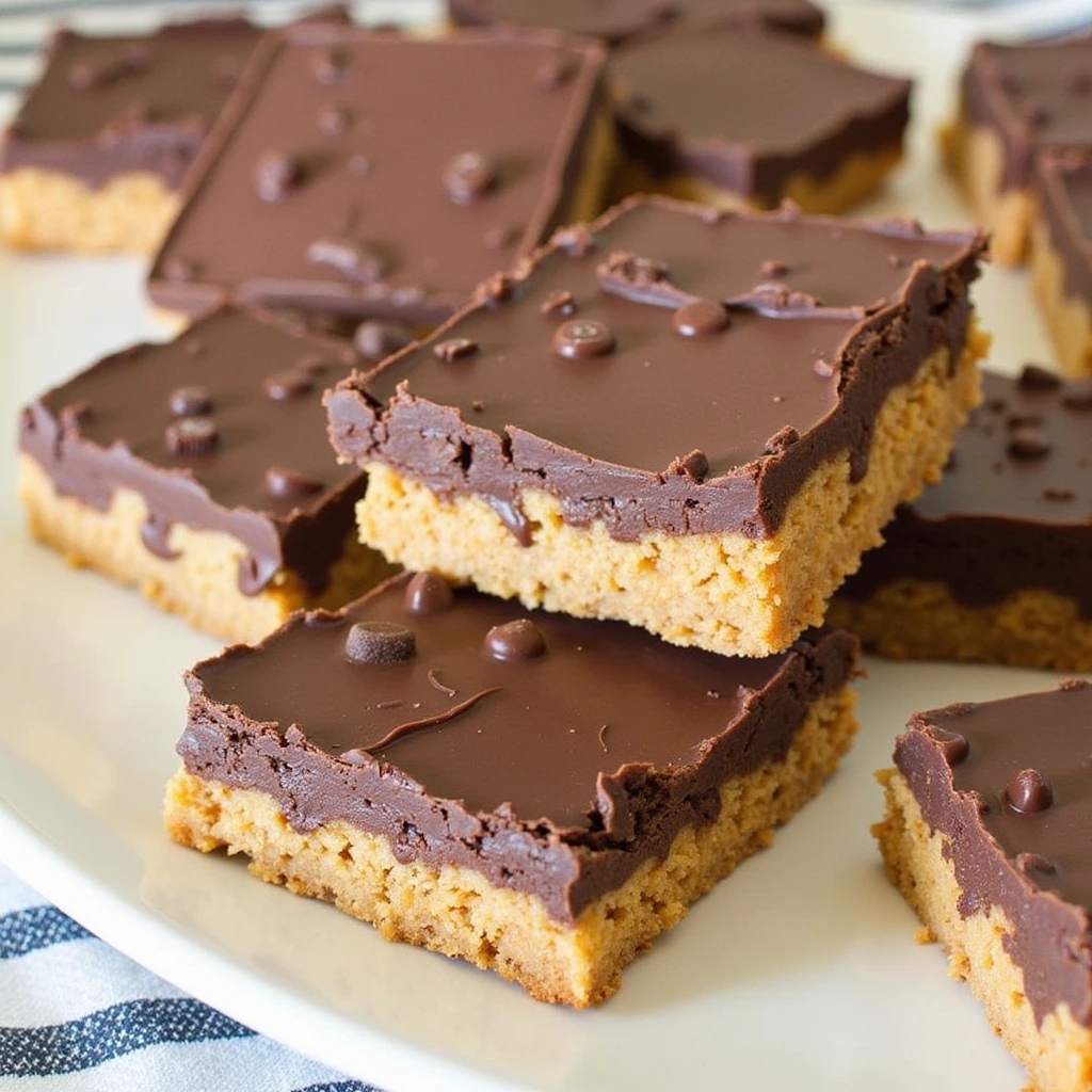 Chocolate Peanut Butter Bars with a creamy peanut butter filling and a rich chocolate topping, served in squares