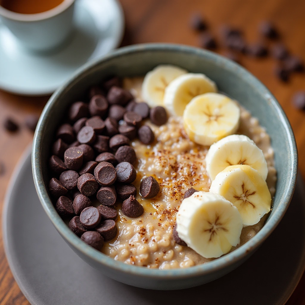 A cozy bowl of overnight oats topped with dark chocolate chips, banana slices, and a drizzle of honey, placed on a wooden table with a cup of coffee in the background.