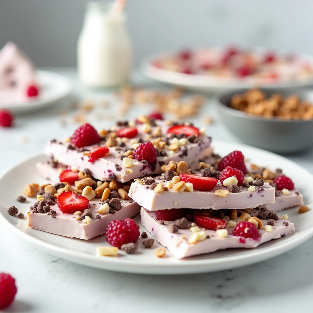 Broken pieces of frozen yogurt bark with colorful berries, nuts, and chocolate chips on a white plate, set against a bright kitchen background.