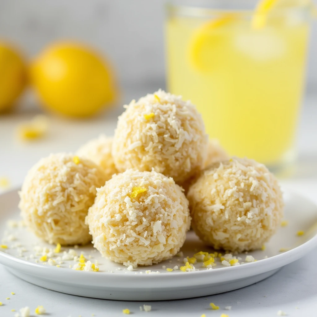 Close-up of lemon coconut energy bites on a clean plate, dusted with shredded coconut and garnished with lemon zest, with a refreshing lemon drink in the background.