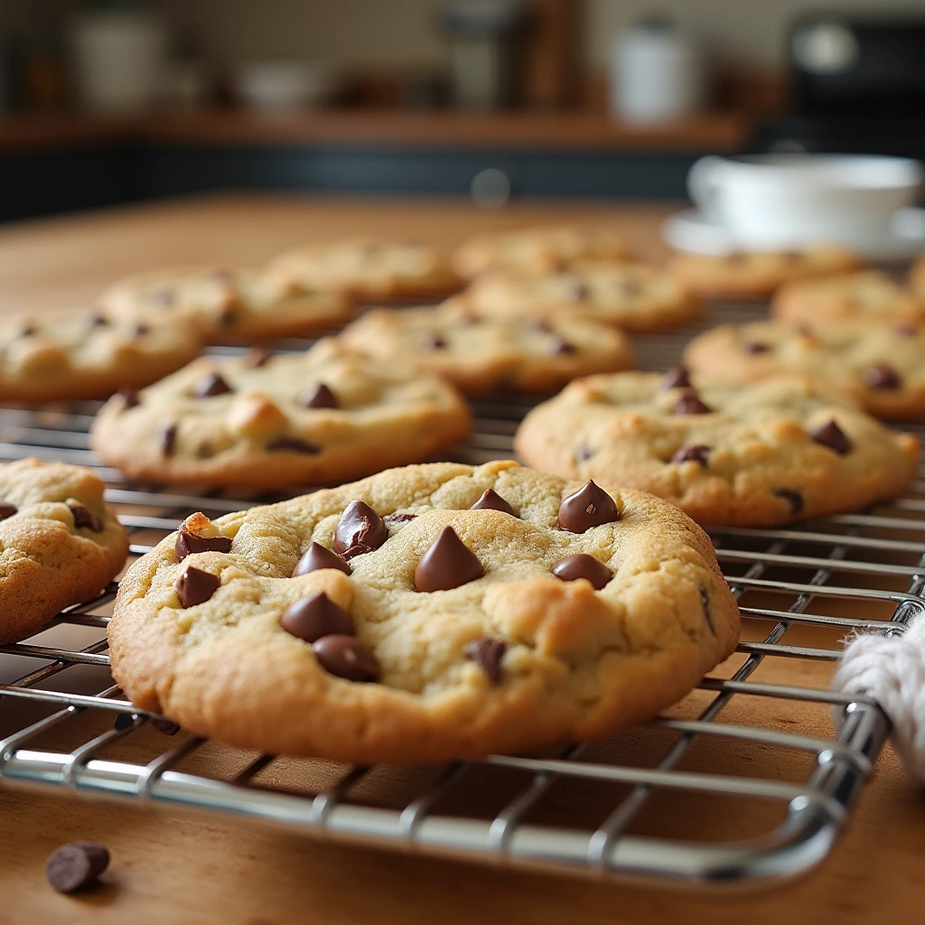 A batch of freshly baked golden brown chocolate chip cookies cooling on a rack, with melty chocolate chips, in a cozy kitchen setting.