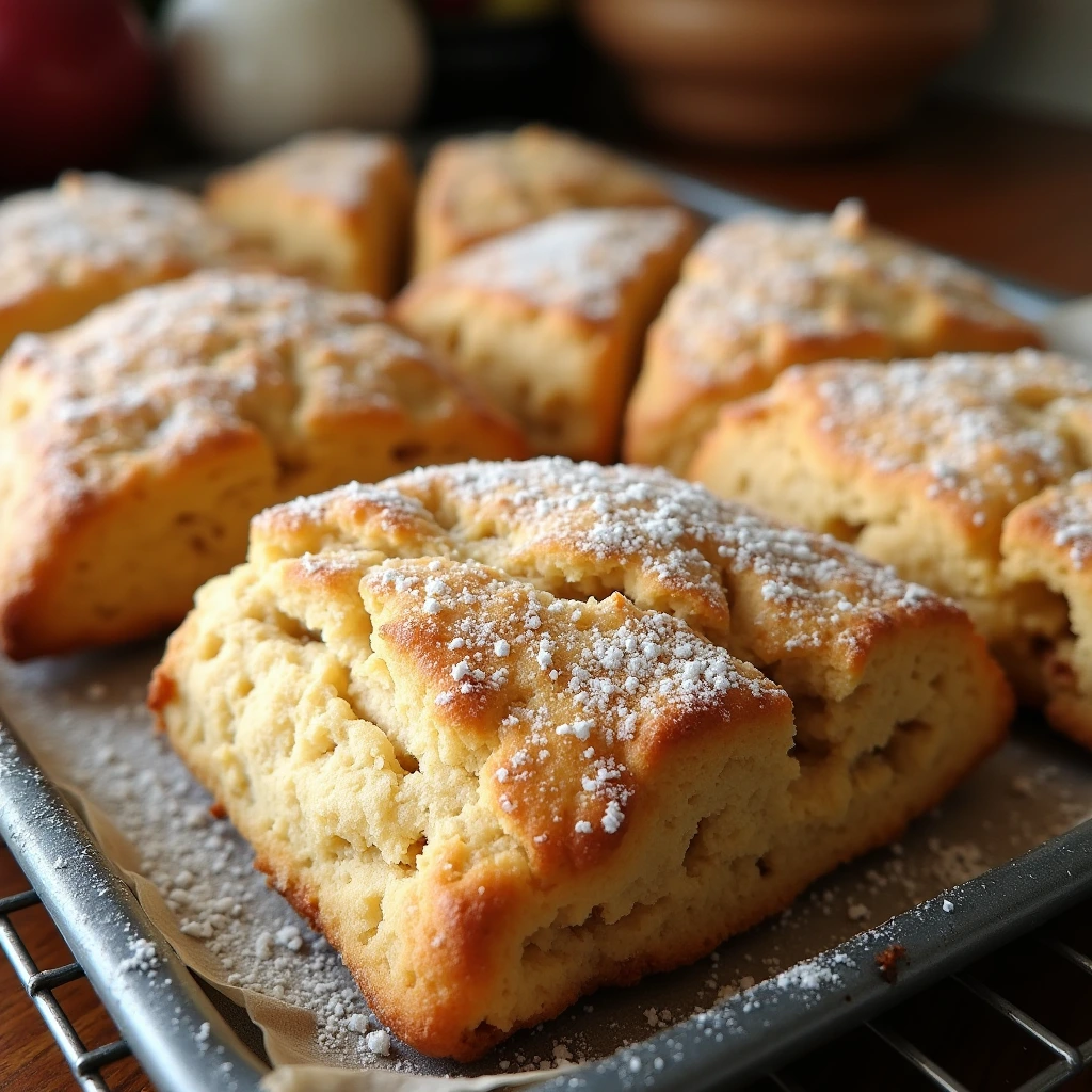 A tray of freshly baked apple cinnamon scones with a golden brown crust, light dusting of powdered sugar, and a fluffy interior, cooling on a rack in a cozy kitchen.