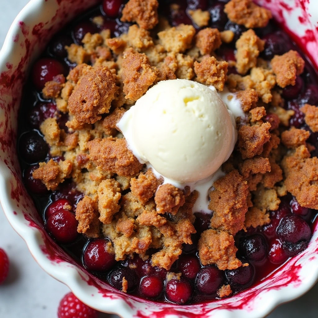 Overhead view of a golden-brown berry crisp fresh from the oven with a crispy topping, served in a dish with a scoop of vanilla ice cream on top.