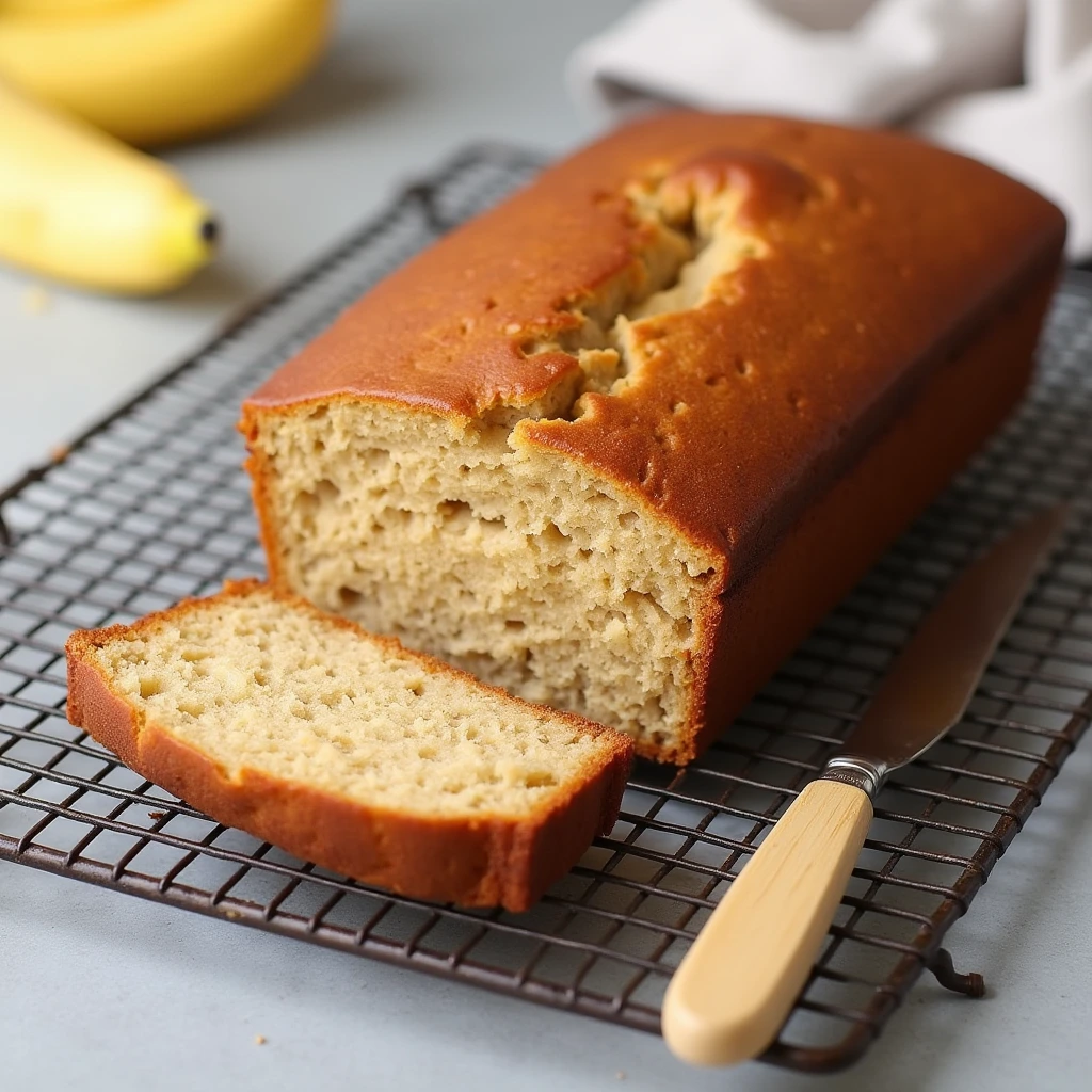 A freshly baked loaf of banana bread cooling on a wire rack, golden brown with a moist texture, accompanied by a butter knife ready to slice