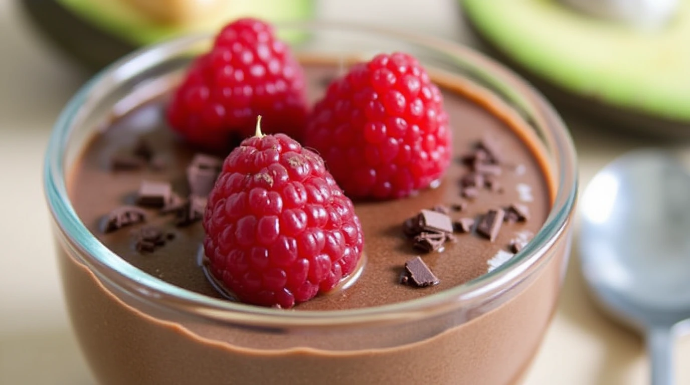 a bowl of chocolate pudding with raspberries