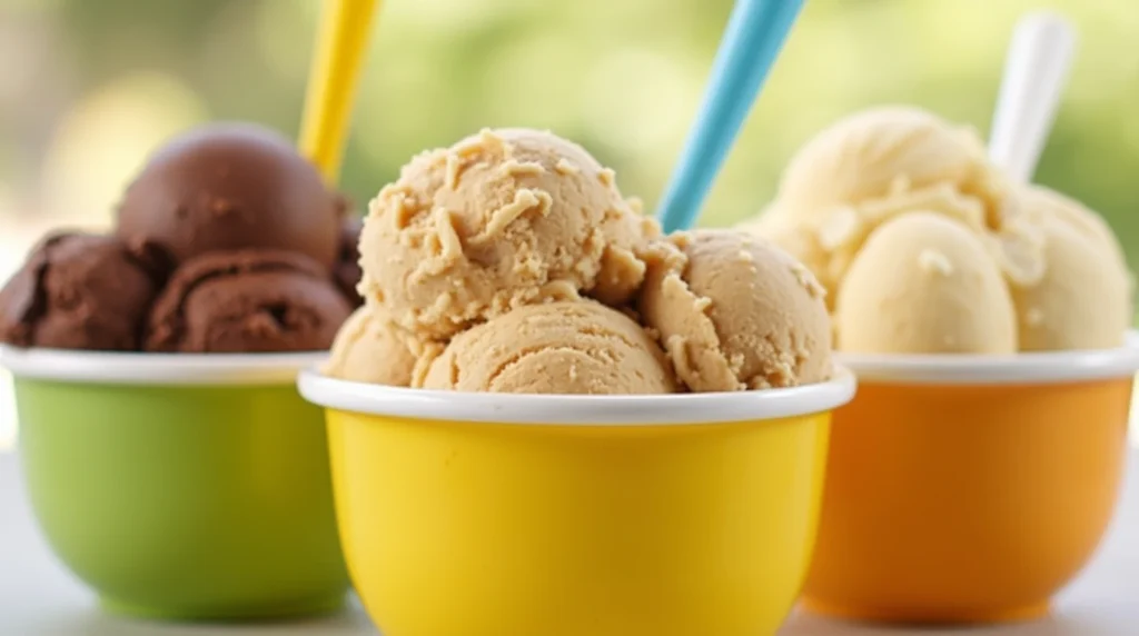 A selection of banana ice cream flavors in colorful bowls, featuring chocolate banana, peanut butter banana, and vanilla banana.