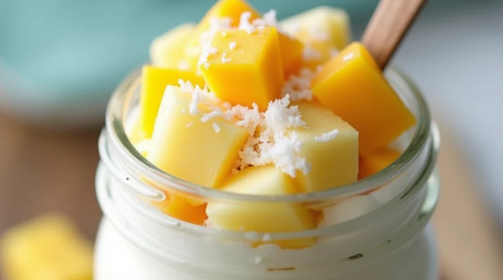 Tropical yogurt parfait in a mason jar with coconut yogurt, pineapple chunks, mango slices, and shredded coconut on top.