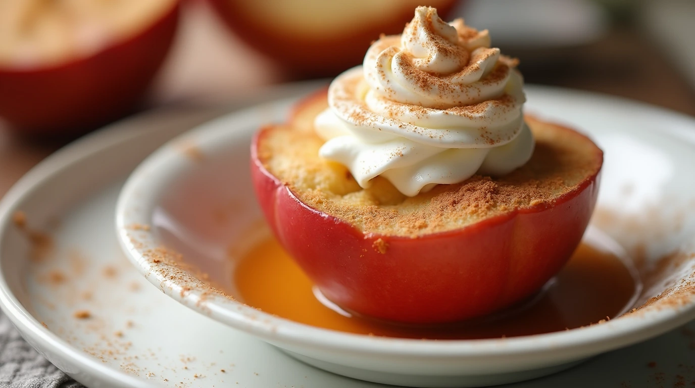 A close-up of a baked apple with cinnamon in a small white bowl, topped with whipped cream and a sprinkle of cinnamon powder