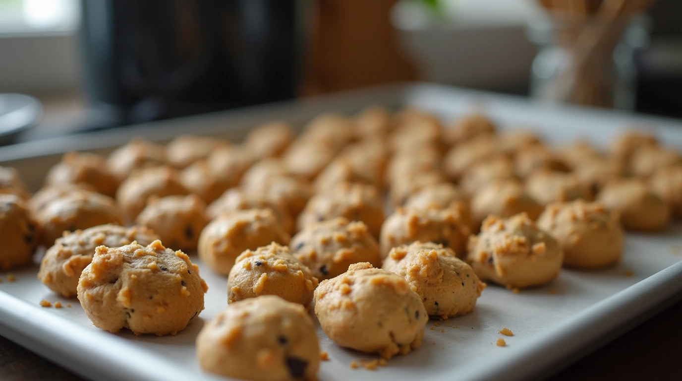 Close-up of small round cookie dough bites with chocolate chips on parchment paper