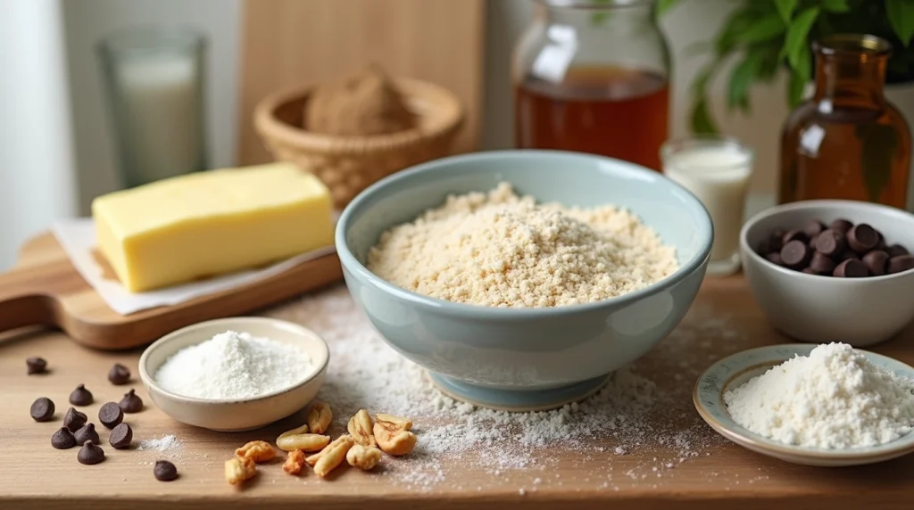 A clean, vibrant kitchen countertop with a bowl of softened butter, granulated sugar, brown sugar, and vanilla extract ready to be mixed, flour, milk, and chocolate chips scattered artistically.